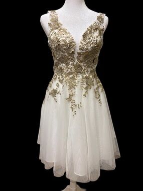 ✨ XScape White  & Gold Embroidered Tulle Dress (Size 0) ✨